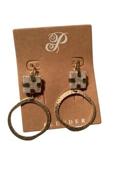 Plunder Melissa Earrings White Marble, Hammered Gold Hoops, modern